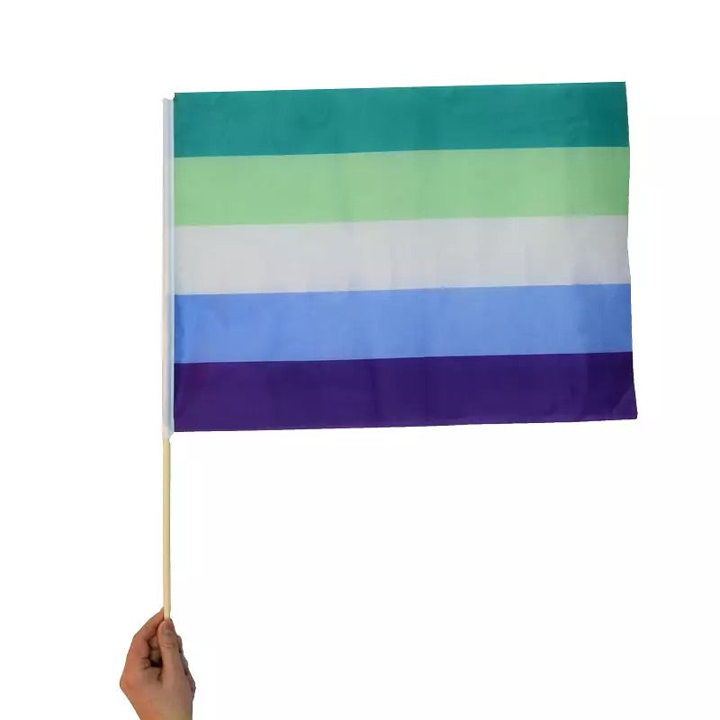 Liten achillean/gay man flagga på pinne