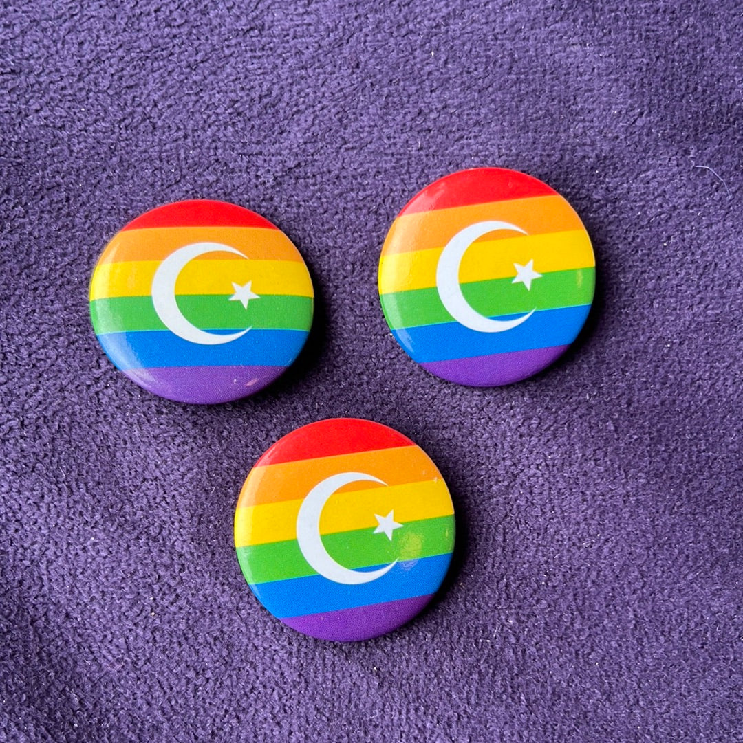 Rund platt pin; pride muslim/ regnbåge islam