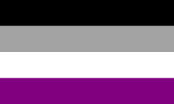 An ace/asexual flag with four stripes: black, grey, white and purple.