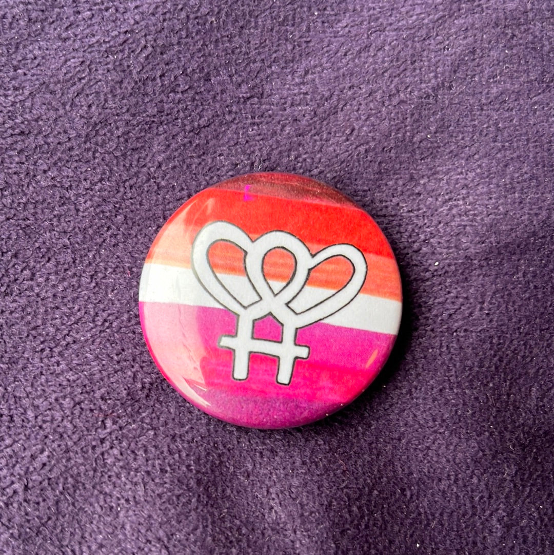 Rund platt pin; lesbisk sunset symbol