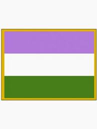 an emal pin with a gender queer flag consisting of three stripes: purple, white and green. 